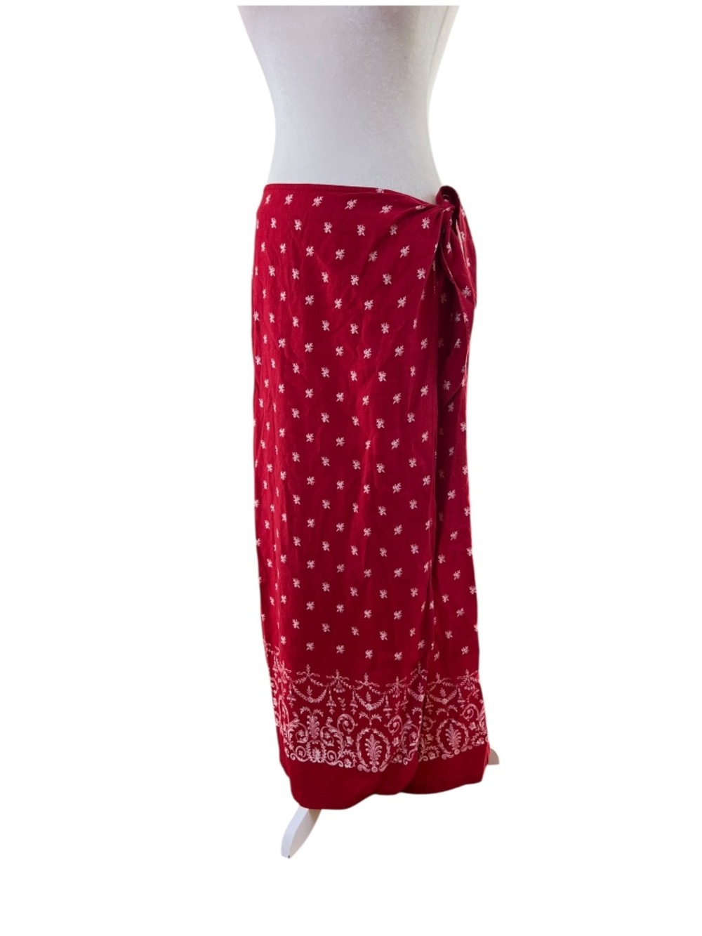 Red & White Bandana Linen-Blend Maxi Skirt 14